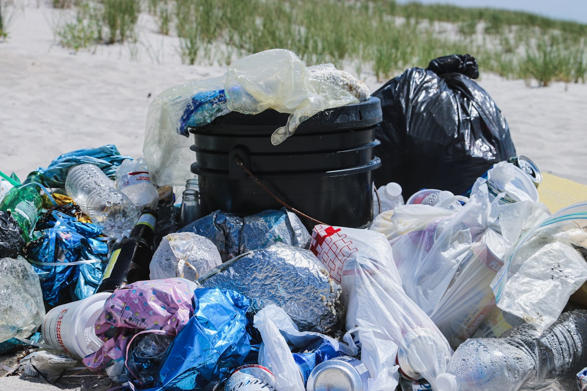 Close-up of mixed plastic and household trash
