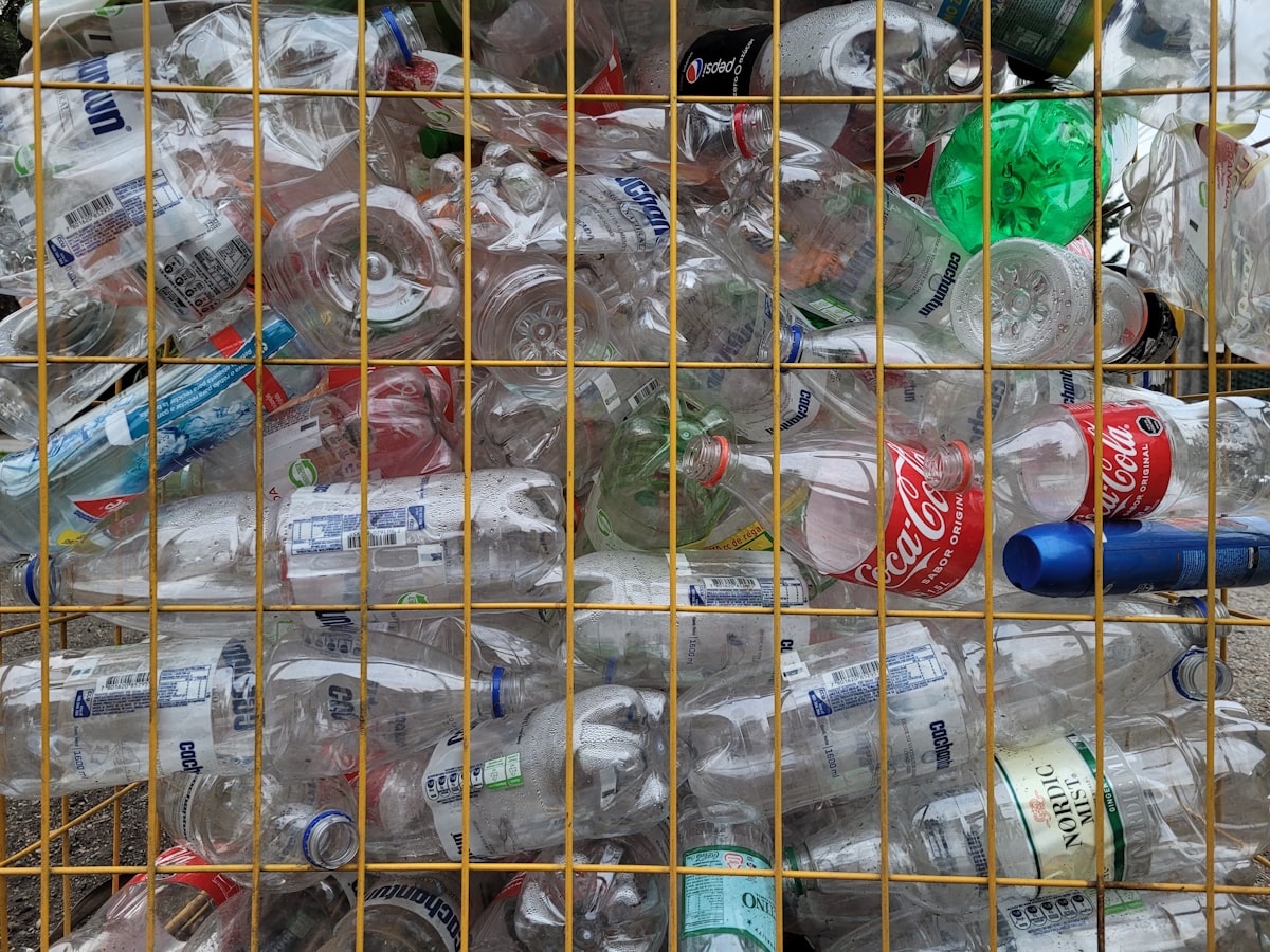 Plastic bottles collected and caged for recycling